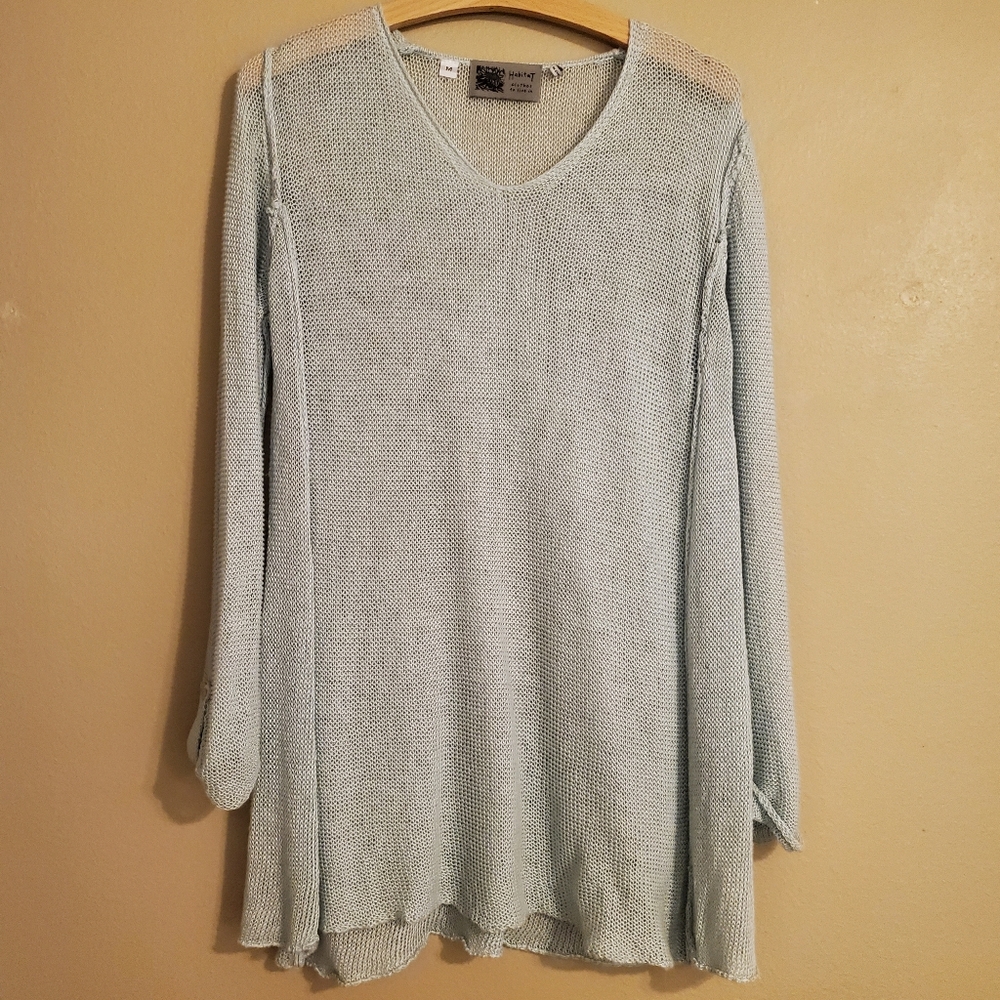 HABITAT Clothes To Live‎ In Sage Linen Lagenlook Roll Tab ¾ Sleeve Tunic Sweater